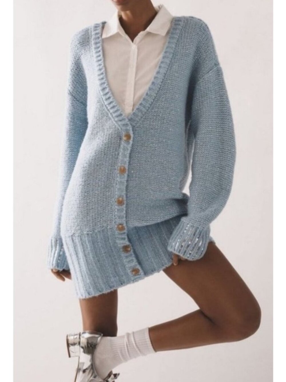 NEW $248 Anthropologie Maeve Wool-Blend Sparkle Shirt Sweater Dress Blue Silver